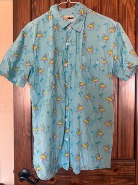Tipsy Elves Light Blue Short-Sleeve Button-Down with Surfing Print